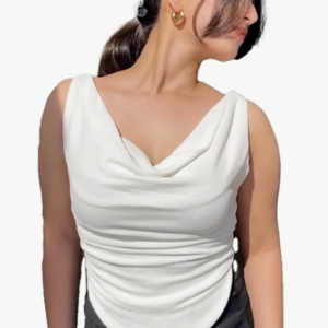 Women's Solid/Plain Asymmetric Hem Stretchable Draped Crop Top. Sleeveless, Single Shoulder, Off Shoulder, Cowl Neck, Crop Length