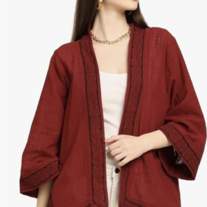 Shrugs for Women Stylish | White Premium Cotton Open Front Kimono | Boho Border Print Beach Cover Up