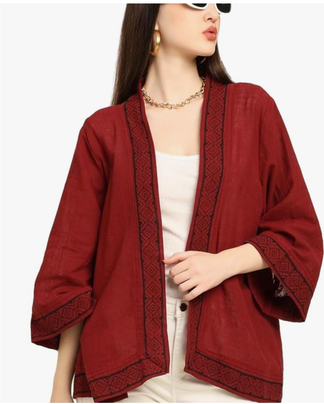 Shrugs for Women Stylish | White Premium Cotton Open Front Kimono | Boho Border Print Beach Cover Up