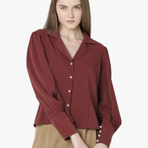 Cuban Collar Solid Formal Shirt | Day to Evening | Long Sleeves Notched Lapel Regular Fit Shirt for Women